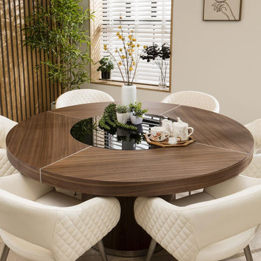 Quatropi Modern 6 Seater Round Dining Set Lazy Susan Walnut White Leather 160cm