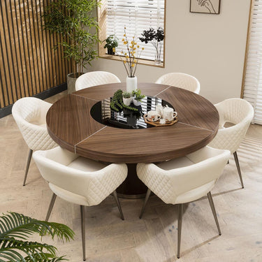 Quatropi Modern 6 Seater Round Dining Set Lazy Susan Walnut White Leather 160cm
