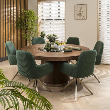 Quatropi Modern 6 Seater Round Dining Set Lazy Susan Walnut Wood Green 160cm