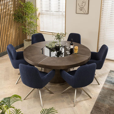 Quatropi Modern 6 Seater Round Dining Set Lazy Susan Wood Navy Blue 160cm