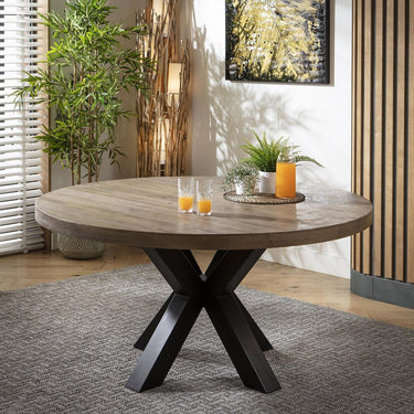 Quatropi Modern 6 Seater Round Dining Table Reclaimed Oak Black Metal 150cm