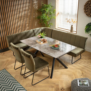 Quatropi Modern 7 Seater Extendable Corner Bench Dining Set Green & Grey Ceramic LR2
