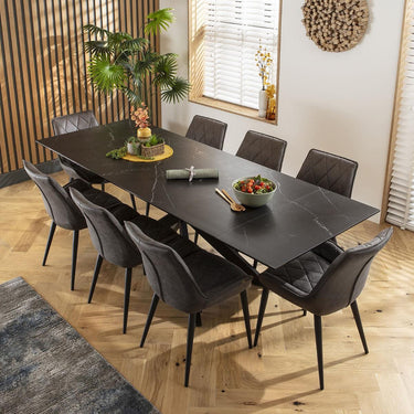 Quatropi Modern 8 Seat Extending Ceramic Dining Table and Chairs Set Grey Black