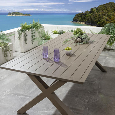 Quatropi Modern 8 Seat Outdoor Garden Dining Table Cross X-Leg Metal Beige 220cm