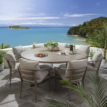 Quatropi Modern 8 Seat Round Garden Table and Chairs Dining Set Aluminium Beige