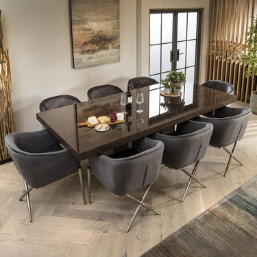 Quatropi Modern 8 Seater Dining Table Chairs Set Gloss Oak Grey Velvet 240cm