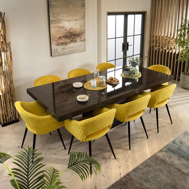 Quatropi Modern 8 Seater Dining Table Chairs Set Gloss Oak Yellow Velvet 240cm
