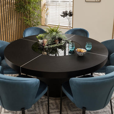 Quatropi Modern 8 Seater Large Round Dining Table LED Lazy Susan Black Oak 160cm