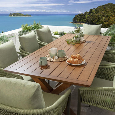 Quatropi Modern 8 Seater Outdoor Garden Dining Set Green Oak Wood Effect Aluminium