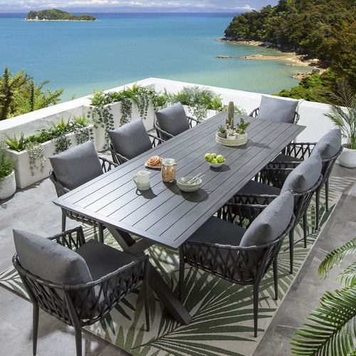 Verity 8 Seater Outdoor Garden Dining Set Grey Wood Effect Aluminium