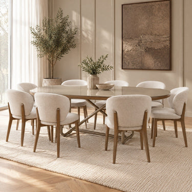Quatropi Modern 8 Seater Silver-Gold Oval Glass Dining Table and Chairs Sets Cream Hopsack
