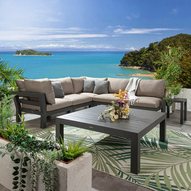 Quatropi Modern Aluminium Outdoor L-Shape Garden Corner Sofa Modular Couch Beige 257x268cm