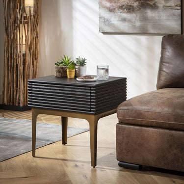 Quatropi Modern Bedside Lamp Side Table with Drawer Black Oak Brass 55x45cm
