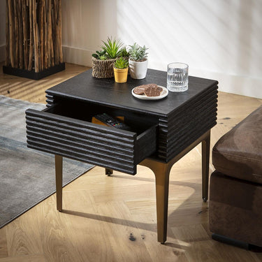 Quatropi Modern Bedside Lamp Side Table with Drawer Black Oak Brass 55x45cm