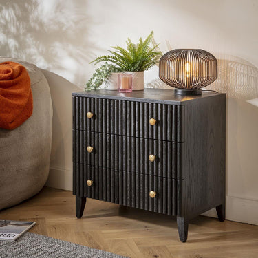 Quatropi Modern Bedside Side Table Cabinet with Drawers Black Oak Brass 65x45cm