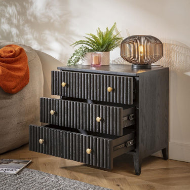 Quatropi Modern Bedside Side Table Cabinet with Drawers Black Oak Brass 65x45cm