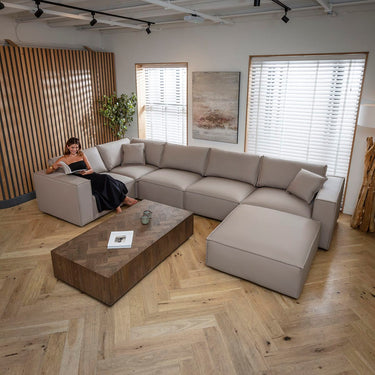 Quatropi Modern Beige Leather Corner Sofa 5 Seater Modular Settee 374x208cm