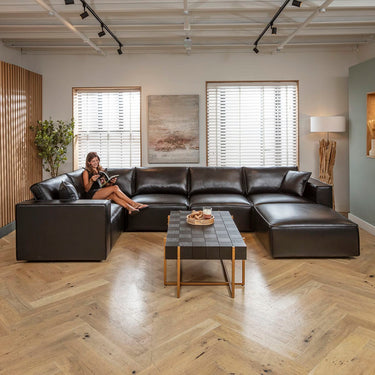 Quatropi Modern Black Leather Corner Sofa 5 Seater Modular Settee 374x208cm