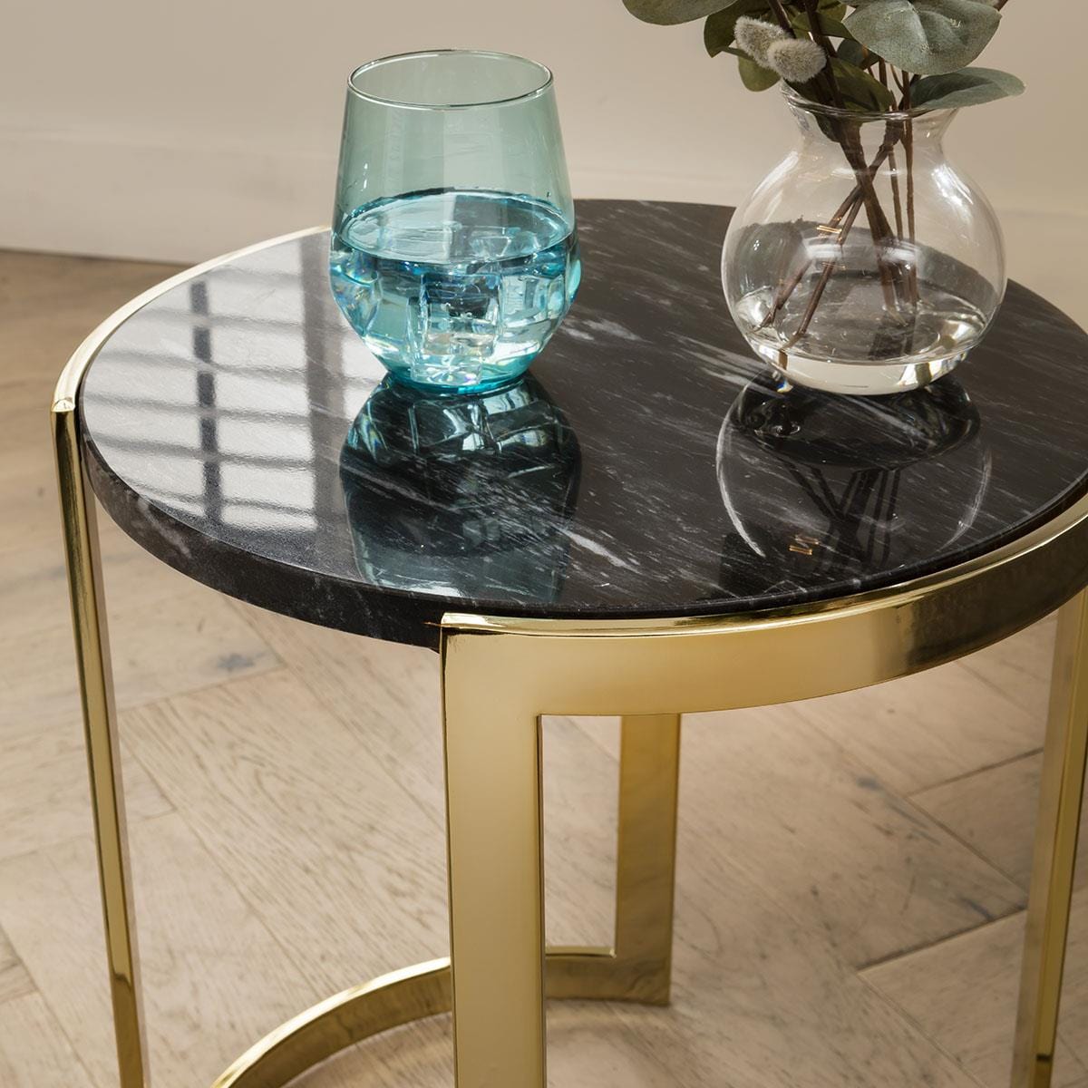 Quatropi Modern Black Marble Lamp Side Table - Luxury Gold Metal Base 40cm