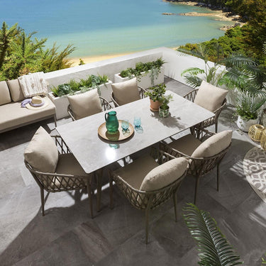 Quatropi Modern Ceramic Garden Table And Chairs 6 Seat Dining Set Beige 180cm