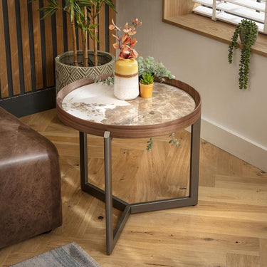 Quatropi Modern Ceramic Round Bedside Side Table White Marble Effect 60cm