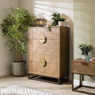 Quatropi Modern Chest of Drawers Dresser Oak Wood & Gold Metal Brown 90cm