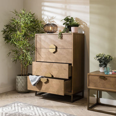 Quatropi Modern Chest of Drawers Dresser Oak Wood & Gold Metal Brown 90cm