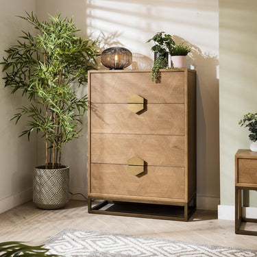 Quatropi Modern Chest of Drawers Dresser Oak Wood & Gold Metal Brown 90cm
