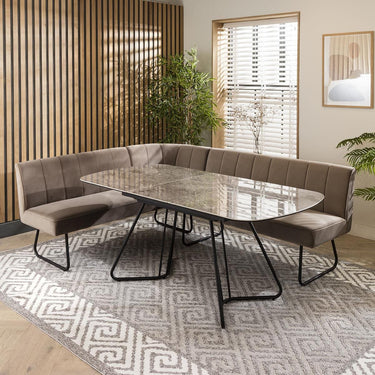 Quatropi Modern Corner Bench Dining Set 5 Seater Ceramic Extending Mink Velvet
