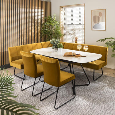 Quatropi Modern Corner Bench Dining Set 8 Seater Ceramic Extending Mustard Velvet