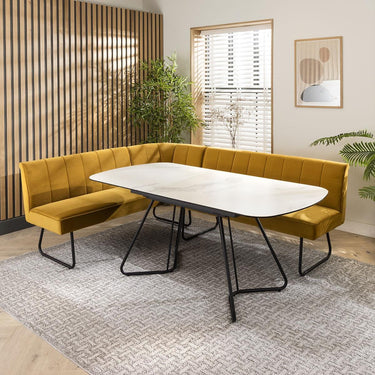 Quatropi Modern Corner Dining Set 5 Seater Ceramic Extending Mustard Yellow Velvet