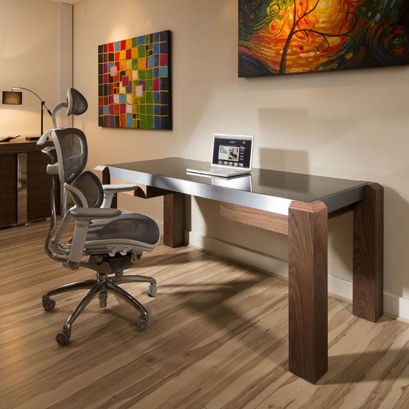 Quatropi Modern Designer Desk / Work Station Walnut / Black Glass Top 1.8M