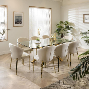 Quatropi Modern Dining Table and Chairs Set Cream Velvet Glass 8 Seat Dining Set