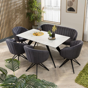 Quatropi Modern Dining Table With Bench And Chairs Set - 6 Seater - White Ceramic