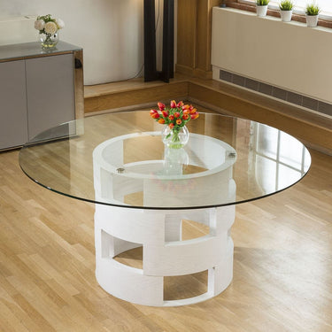 Quatropi Modern Funky Large Round White Oak and Clear Glass Dining Table 1600mm