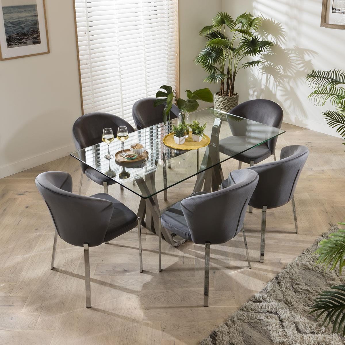 Quatropi Modern Glass Pedestal Table & Grey Velvet Chairs - 6 Seater Dining Set