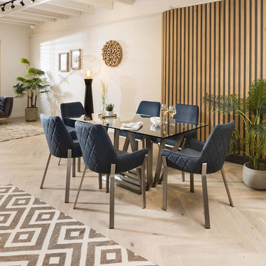 Quatropi Modern Glass Pedestal Table & Petrol Blue Carver Chairs - 6 Seater Dining Set