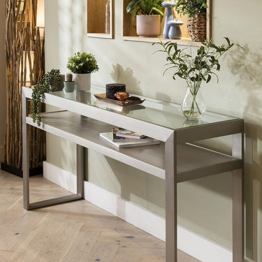 Quatropi Modern Glass Top Metal Console Table Grey 150cm Sofa Hallway Table
