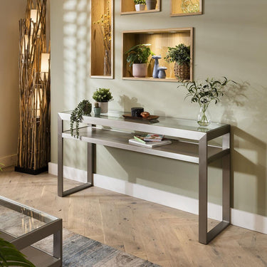 Quatropi Modern Glass Top Metal Console Table Grey 150cm Sofa Hallway Table