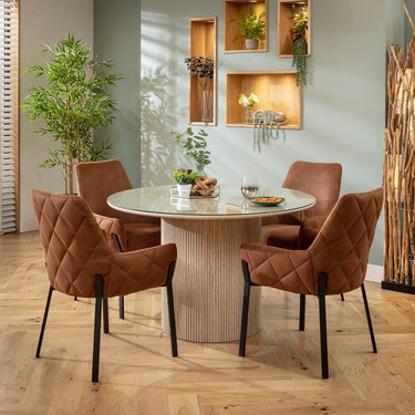 Quatropi Modern Glass-Topped Round Dining Table and Chairs 4 Seater Set Brown & Cream