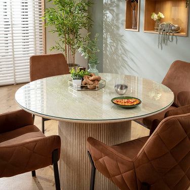 Quatropi Modern Glass-Topped Round Dining Table and Chairs 4 Seater Set Brown & Cream