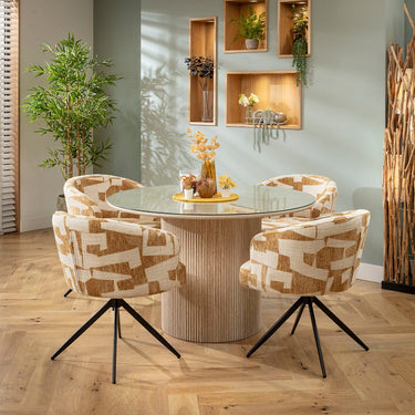 Quatropi Modern Glass-Topped Round Dining Table and Chairs 4 Seater Set Yellow & Cream
