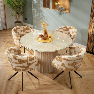 Quatropi Modern Glass-Topped Round Dining Table and Chairs 4 Seater Set Yellow & Cream