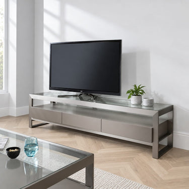 Quatropi Modern Glass TV Unit Stand Cabinet Metal Storage Drawers Taupe Grey 200cm