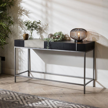 Quatropi Modern Hallway Entrance Console Table Shagreen Black Oak Metal 140cm