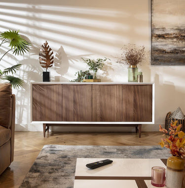 Quatropi Modern High Gloss White Sideboard Mid Century Buffet Walnut Wood 180cm