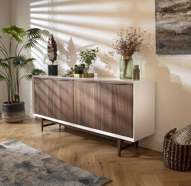 Quatropi Modern High Gloss White Sideboard Mid Century Buffet Walnut Wood 180cm