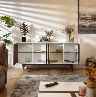 Quatropi Modern High Gloss White Sideboard Mid Century Buffet Walnut Wood 180cm