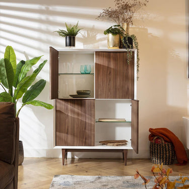 Quatropi Modern High Gloss White Tall Sideboard Cabinet Walnut Wood 100x140cm