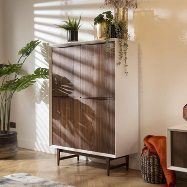 Quatropi Modern High Gloss White Tall Sideboard Cabinet Walnut Wood 100x140cm